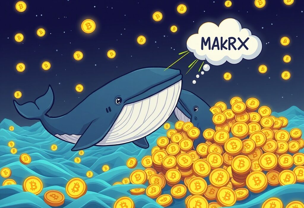 Cartoon whales illustrating significant MKR whale accumulation, moving large sums of MakerDAO tokens in the crypto market.