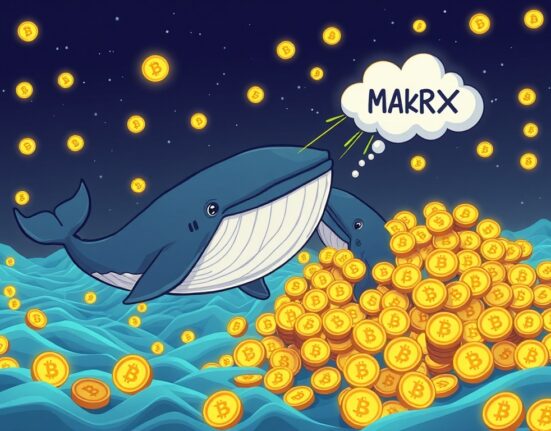 Cartoon whales illustrating significant MKR whale accumulation, moving large sums of MakerDAO tokens in the crypto market.