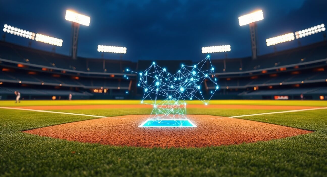 MLB stadium with blockchain technology overlay symbolizing the CFTC and Polymarket prediction market partnership.