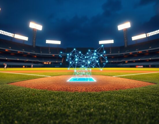 MLB stadium with blockchain technology overlay symbolizing the CFTC and Polymarket prediction market partnership.