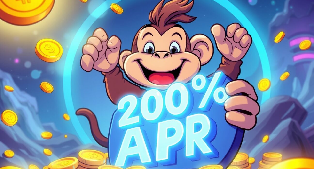Cartoon monkey celebrating high returns from the MMON Staking Gala on MEXC, symbolizing lucrative cryptocurrency staking.
