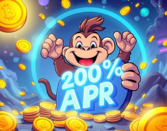 Cartoon monkey celebrating high returns from the MMON Staking Gala on MEXC, symbolizing lucrative cryptocurrency staking.