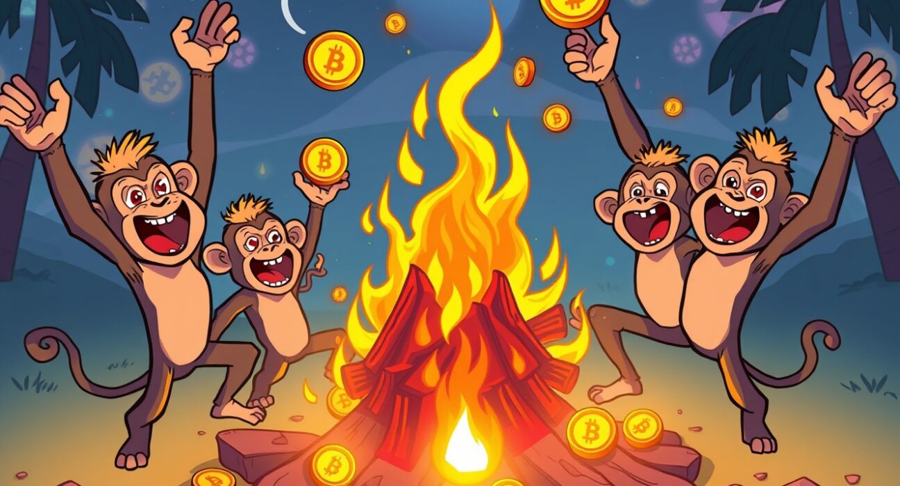 Cartoon monkeys celebrating a significant MMON token burn, symbolizing growth and scarcity for the Multiverse Monkey GameFi project.