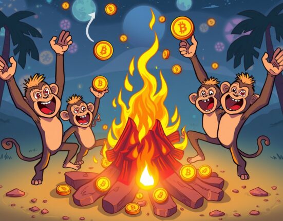 Cartoon monkeys celebrating a significant MMON token burn, symbolizing growth and scarcity for the Multiverse Monkey GameFi project.