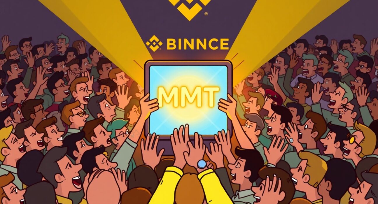 Cartoon illustration of overwhelming demand for the MMT Prime Sale, symbolizing massive investor interest and successful fundraising on Binance.