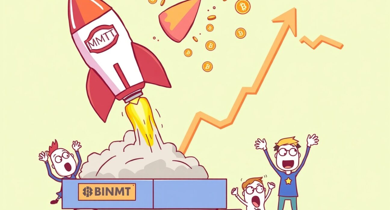 A cartoon rocket representing the MMT surge launching from a Binance platform, symbolizing Momentum's phenomenal price increase.