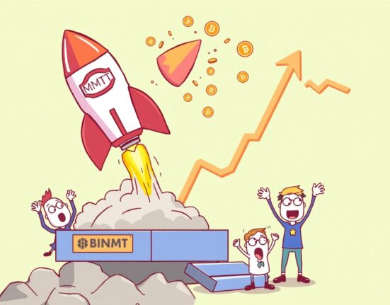 A cartoon rocket representing the MMT surge launching from a Binance platform, symbolizing Momentum's phenomenal price increase.