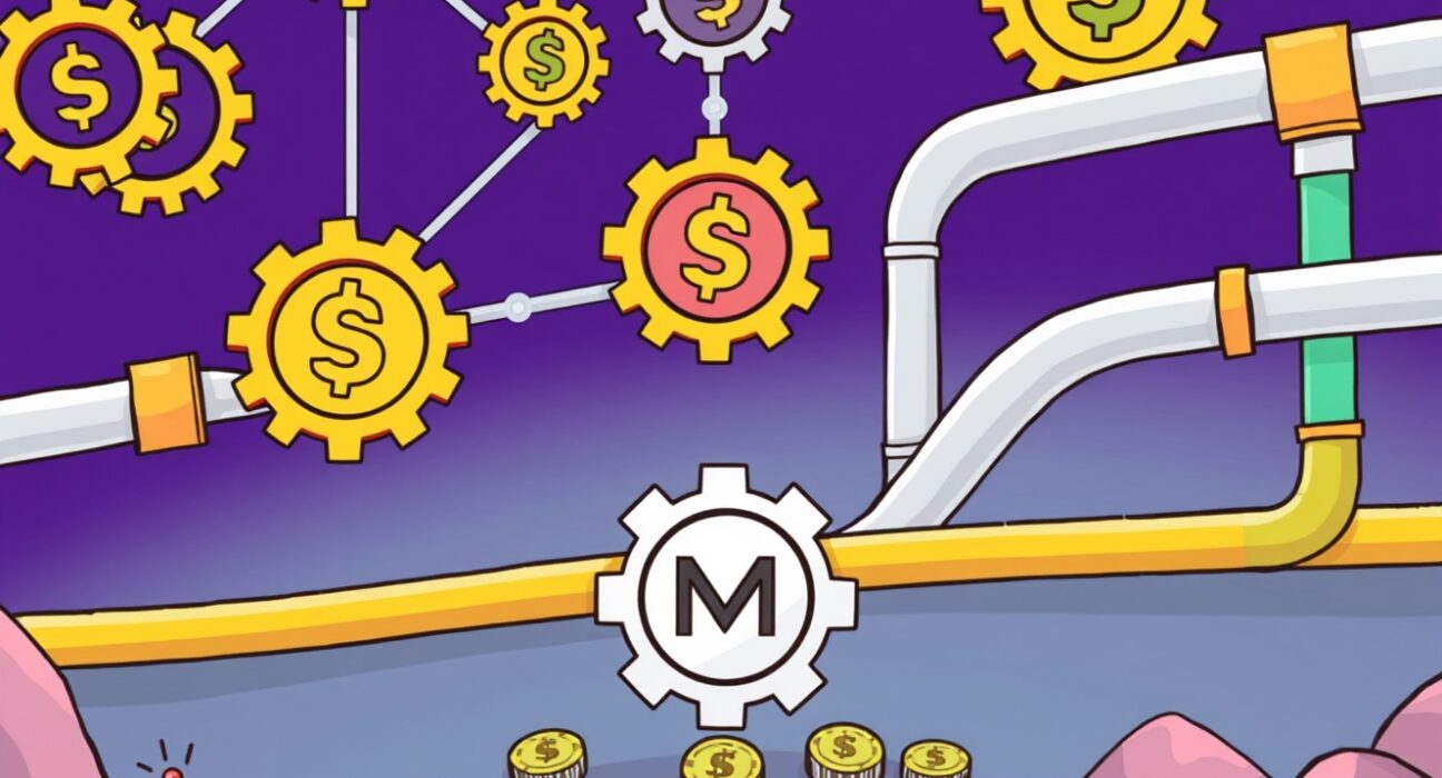 A cartoon illustration showing MMT tokenomics as interconnected gears and pipelines, symbolizing its multi-layer architecture and revenue structure.