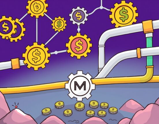 A cartoon illustration showing MMT tokenomics as interconnected gears and pipelines, symbolizing its multi-layer architecture and revenue structure.