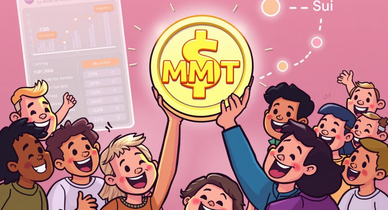 A cartoon illustration showing MMT tokenomics with a large portion of tokens flowing to a happy, diverse community, symbolizing decentralized growth on Sui.