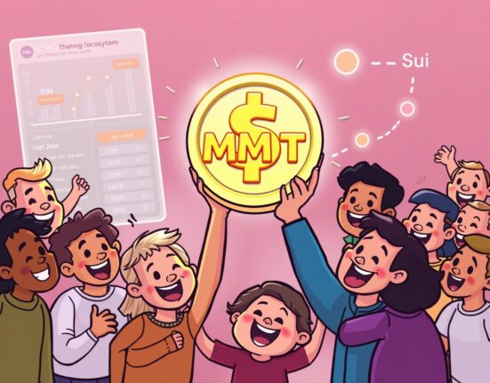 A cartoon illustration showing MMT tokenomics with a large portion of tokens flowing to a happy, diverse community, symbolizing decentralized growth on Sui.