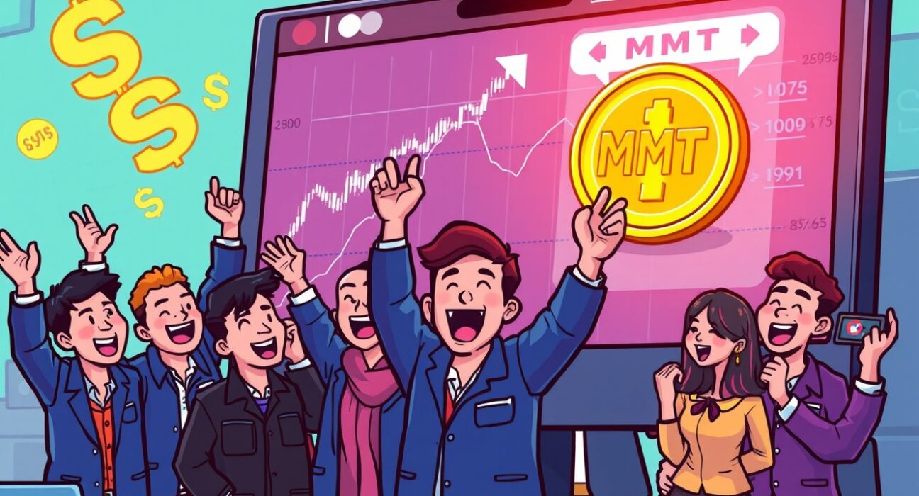 Cartoon showing traders celebrating the launch of the MMT trading pair on Bithumb, highlighting a new market opportunity.