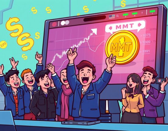 Cartoon showing traders celebrating the launch of the MMT trading pair on Bithumb, highlighting a new market opportunity.