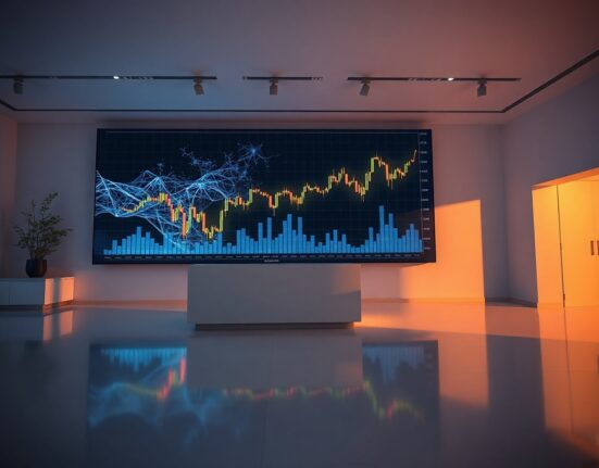 Digital trading floor display with AI neural network and financial charts representing AI-focused futures exchange