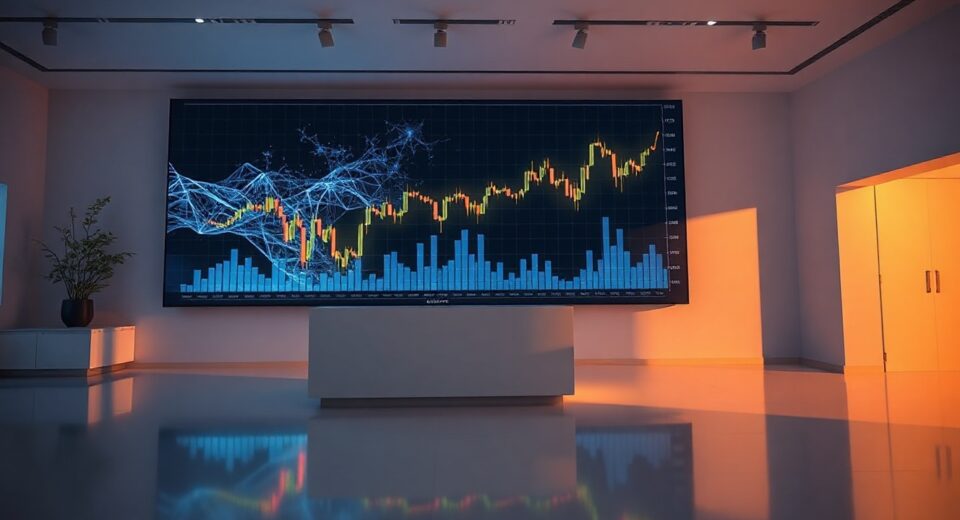 Digital trading floor display with AI neural network and financial charts representing AI-focused futures exchange