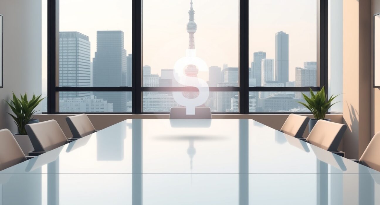 Tokyo corporate boardroom with Solana blockchain visualization, representing Mobcast Holdings' strategic crypto investment.