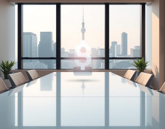 Tokyo corporate boardroom with Solana blockchain visualization, representing Mobcast Holdings' strategic crypto investment.