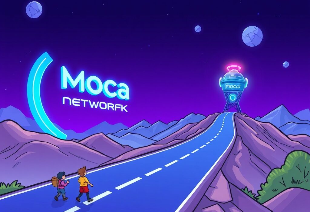 Cartoon illustration showing Moca Network's extended token cliff and Moca Chain launch, emphasizing long-term investor commitment.