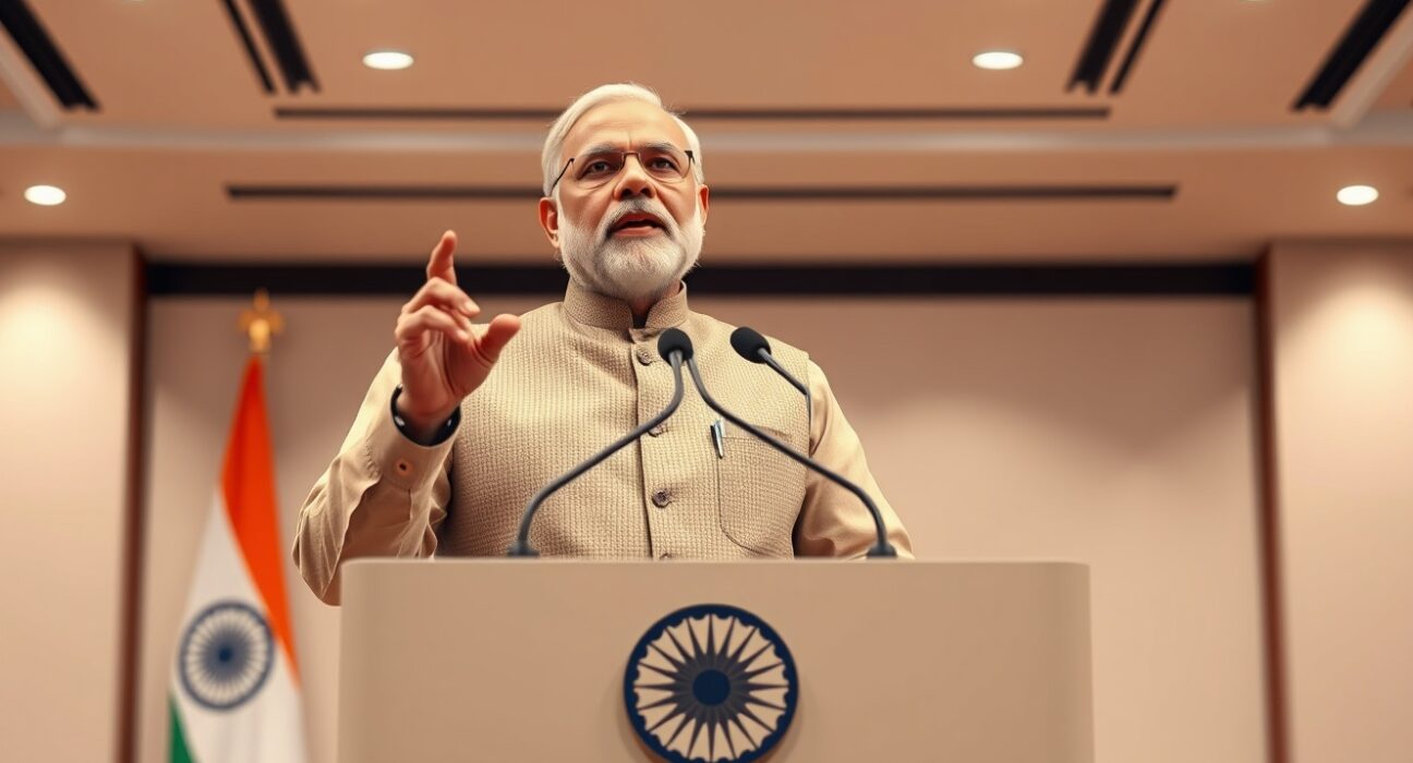 Indian Prime Minister Narendra Modi speaking at a press conference, urging citizens to refrain from buying gold for a year.