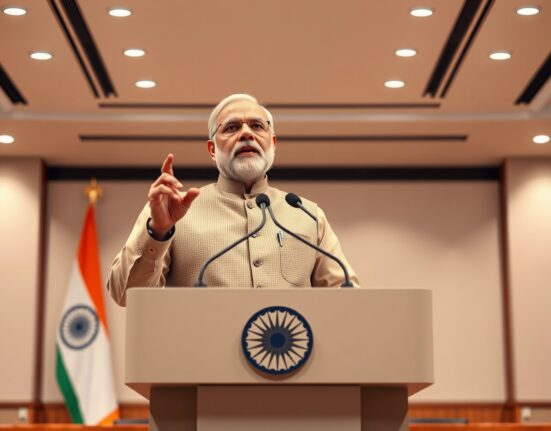 Indian Prime Minister Narendra Modi speaking at a press conference, urging citizens to refrain from buying gold for a year.