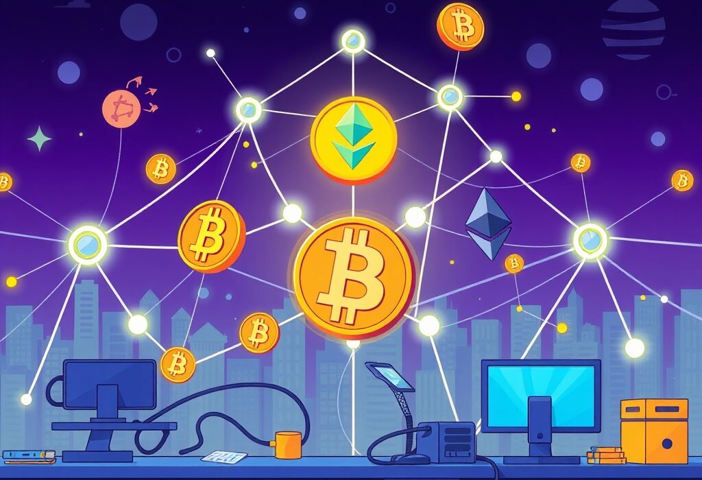 A vibrant cartoon illustration showing the modular blockchain Hemi integrating Bitcoin and Ethereum features, symbolizing innovation and secure development.