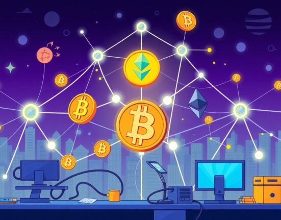 A vibrant cartoon illustration showing the modular blockchain Hemi integrating Bitcoin and Ethereum features, symbolizing innovation and secure development.