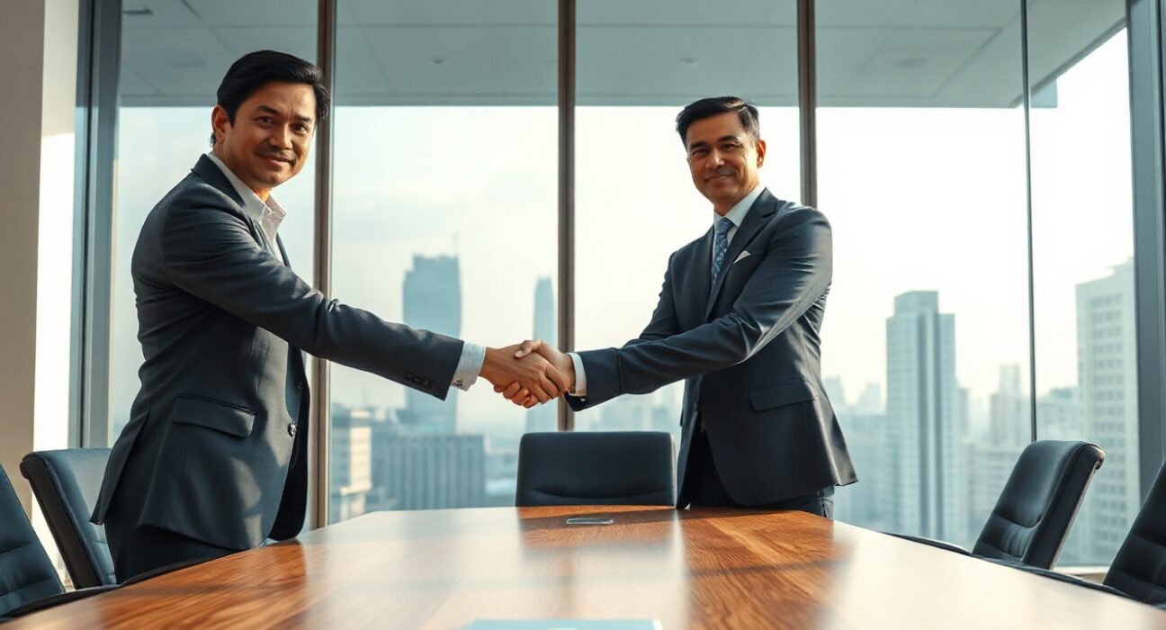 Two business leaders shaking hands in a modern boardroom in Bengaluru, representing MoEngage's acquisition of Aampe.