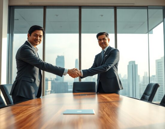 Two business leaders shaking hands in a modern boardroom in Bengaluru, representing MoEngage's acquisition of Aampe.