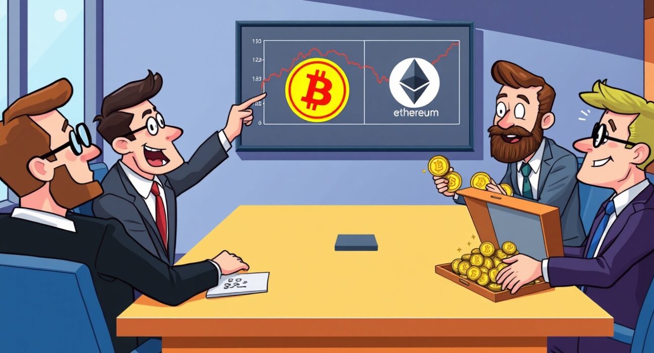 A cartoon illustration showing Mogu Inc.'s strategic Mogu crypto investment, with corporate figures looking at digital coins like BTC, ETH, and SOL.