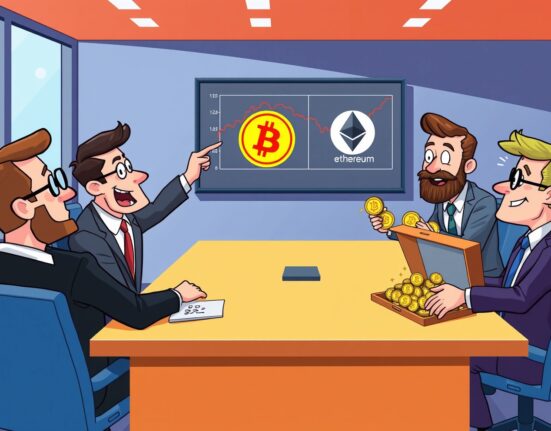 A cartoon illustration showing Mogu Inc.'s strategic Mogu crypto investment, with corporate figures looking at digital coins like BTC, ETH, and SOL.