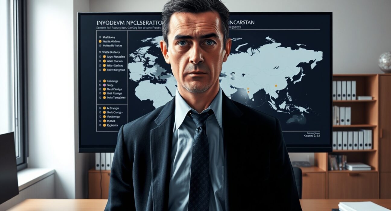 Investigator analyzing $107 million Moldova cryptocurrency election interference scheme on digital map.