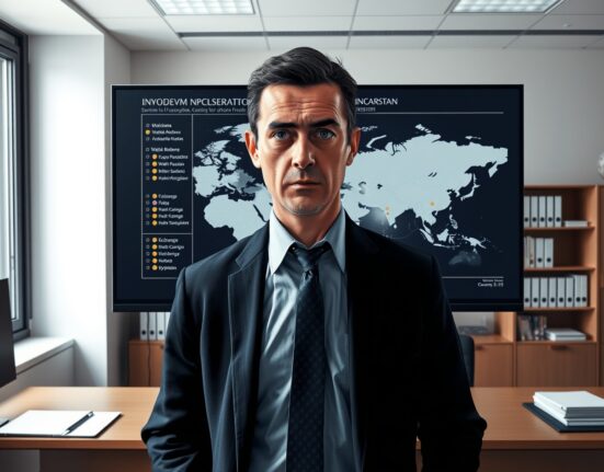 Investigator analyzing $107 million Moldova cryptocurrency election interference scheme on digital map.