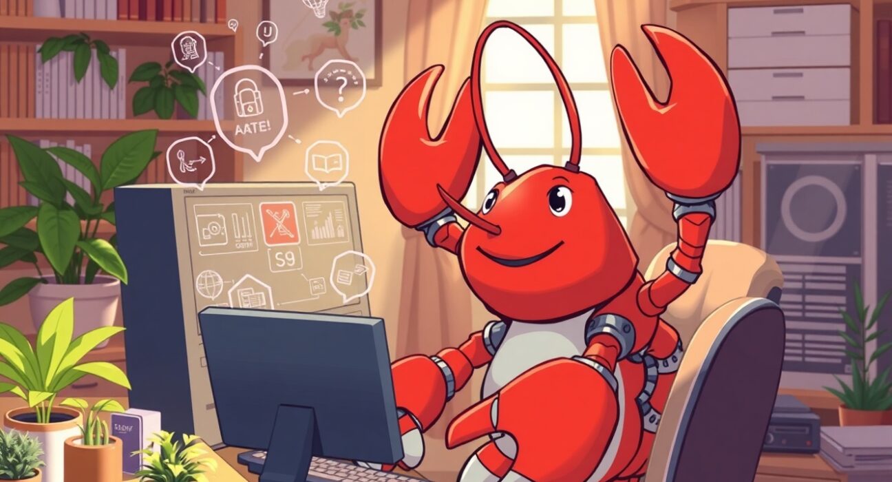 Moltbot personal AI assistant represented as a helpful lobster character in a developer workspace