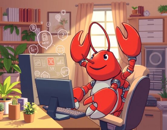 Moltbot personal AI assistant represented as a helpful lobster character in a developer workspace