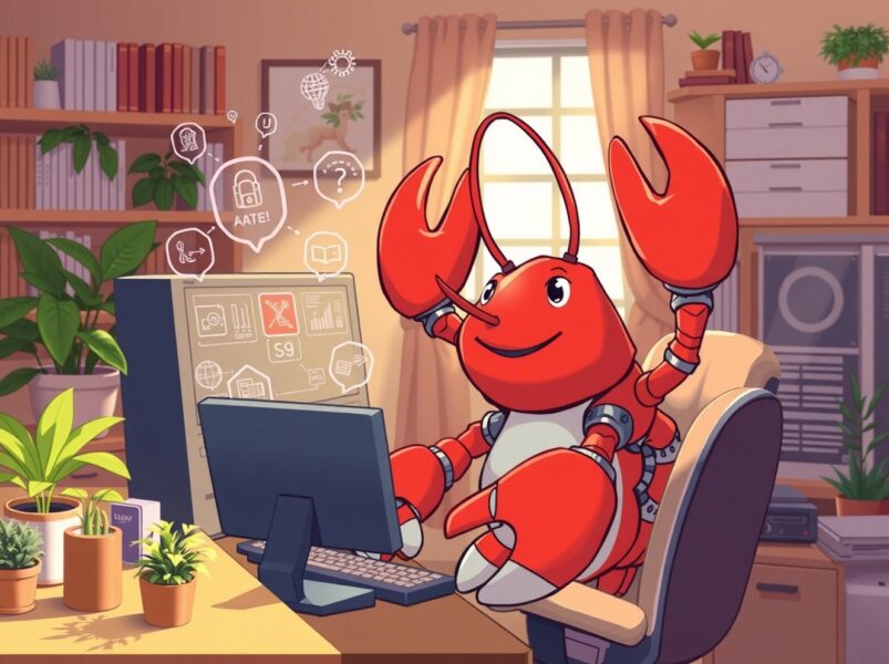 Moltbot personal AI assistant represented as a helpful lobster character in a developer workspace