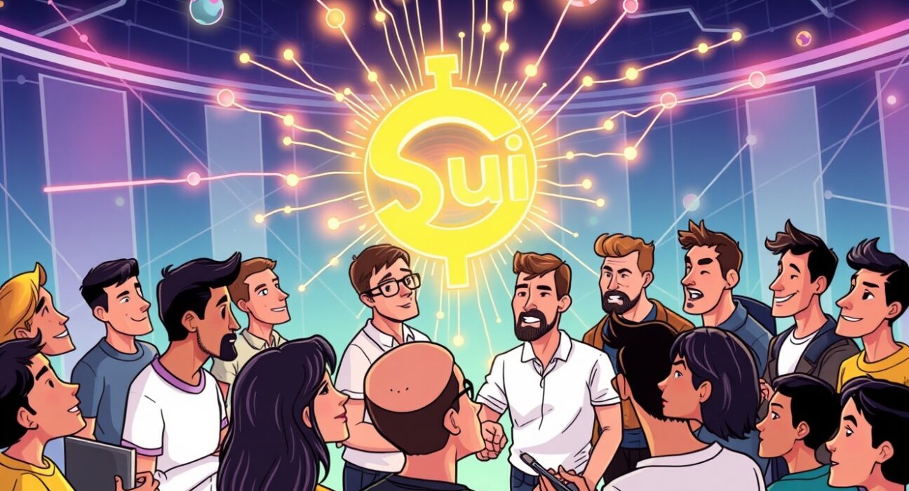 A vibrant cartoon illustration showing diverse participants at a Momentum community event, collaborating on future Sui blockchain innovations.