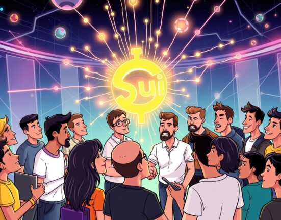 A vibrant cartoon illustration showing diverse participants at a Momentum community event, collaborating on future Sui blockchain innovations.