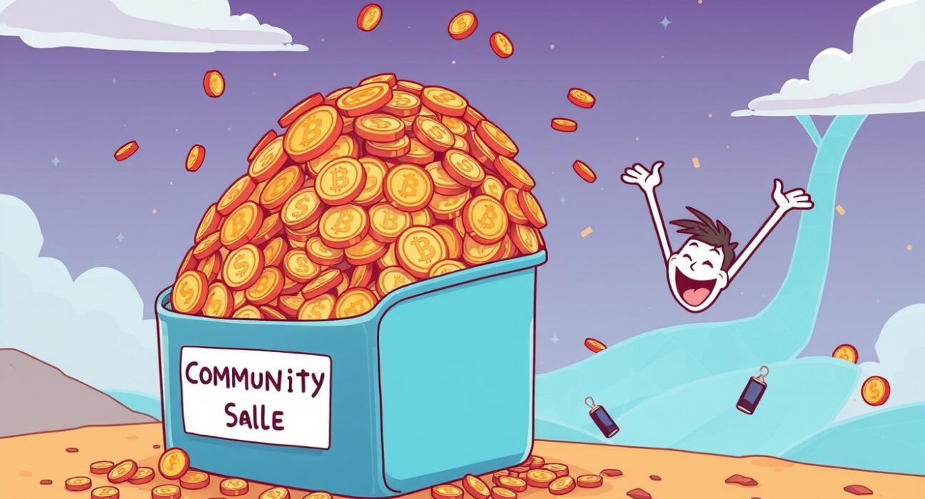 Cartoon showing an overflowing pile of digital coins, symbolizing the **Momentum community sale's** phenomenal success and oversubscription.