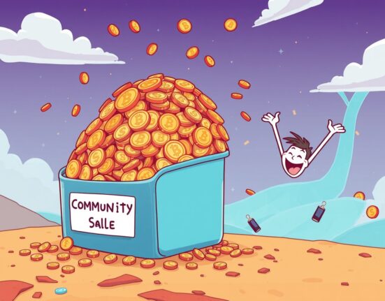 A vibrant cartoon illustration showing the overwhelming success of the Momentum community sale, with digital coins overflowing, symbolizing its oversubscription.