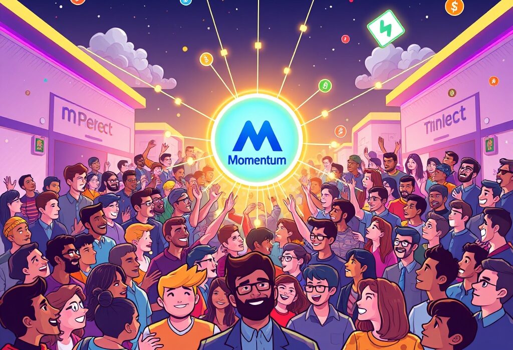 A cartoon illustration symbolizing the rapid user growth of Momentum DEX on the Sui blockchain, reaching 1 million users.