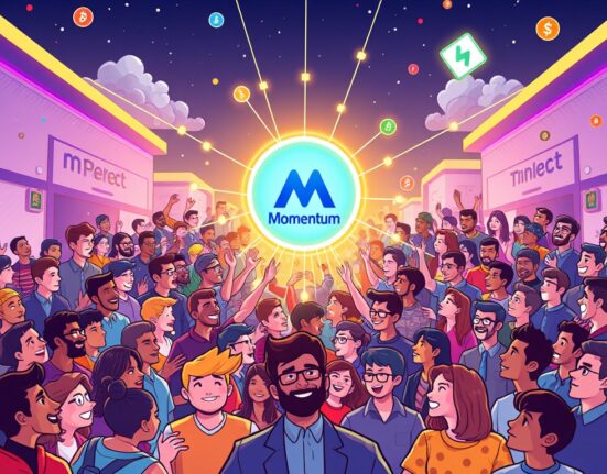 A cartoon illustration symbolizing the rapid user growth of Momentum DEX on the Sui blockchain, reaching 1 million users.
