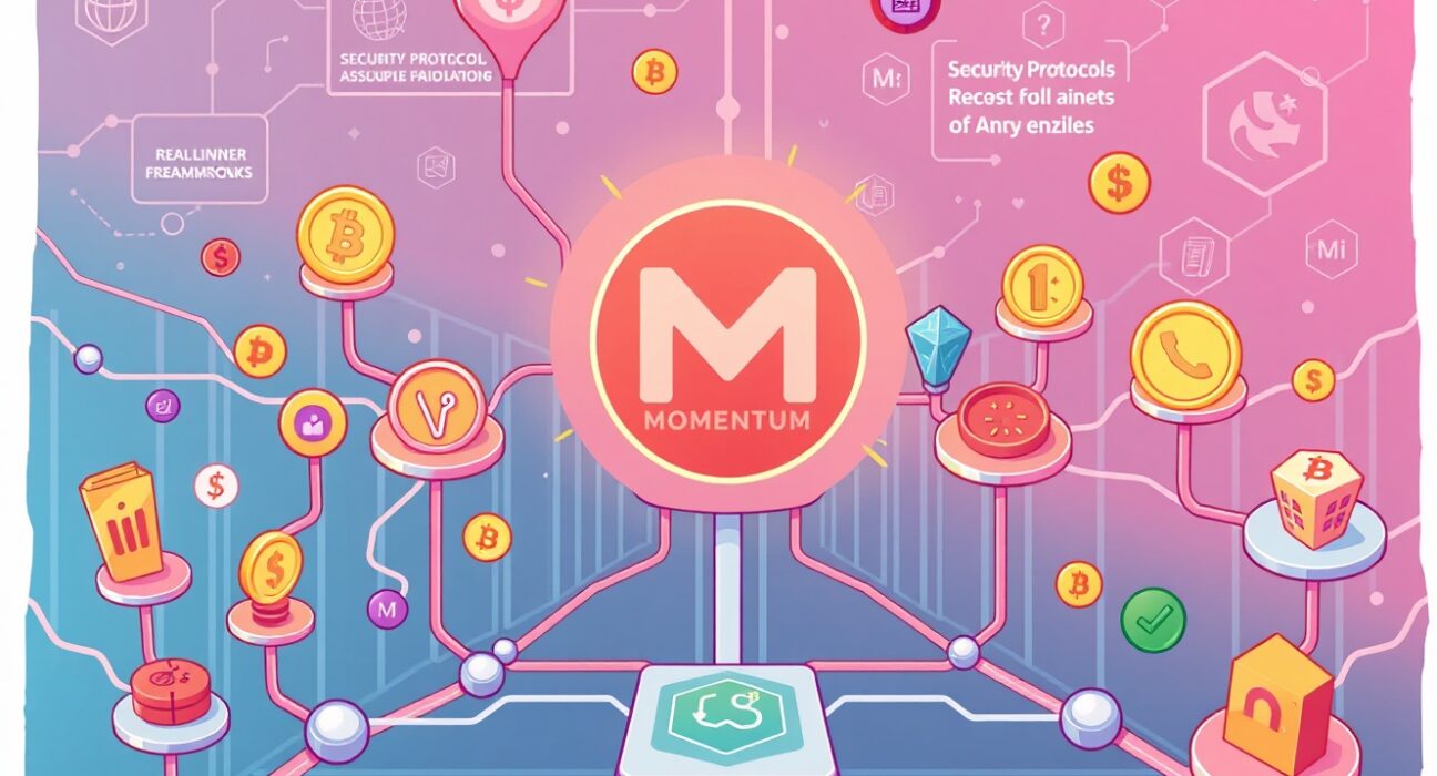 Cartoon illustration of Momentum's financial infrastructure seamlessly connecting diverse assets on a blockchain, symbolizing secure and compliant trading.