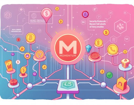 Cartoon illustration of Momentum's financial infrastructure seamlessly connecting diverse assets on a blockchain, symbolizing secure and compliant trading.