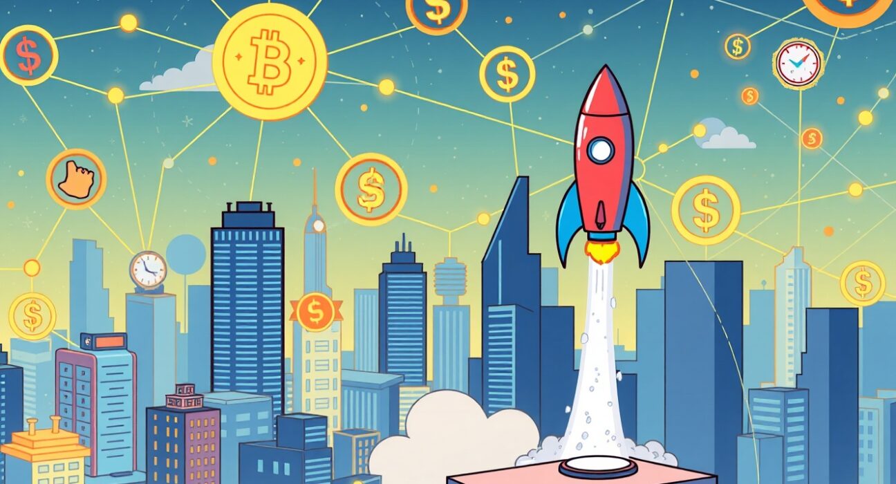 A vibrant illustration symbolizing Momentum's growth strategy in the DeFi space, showing interconnected financial elements.