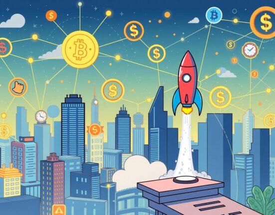A vibrant illustration symbolizing Momentum's growth strategy in the DeFi space, showing interconnected financial elements.