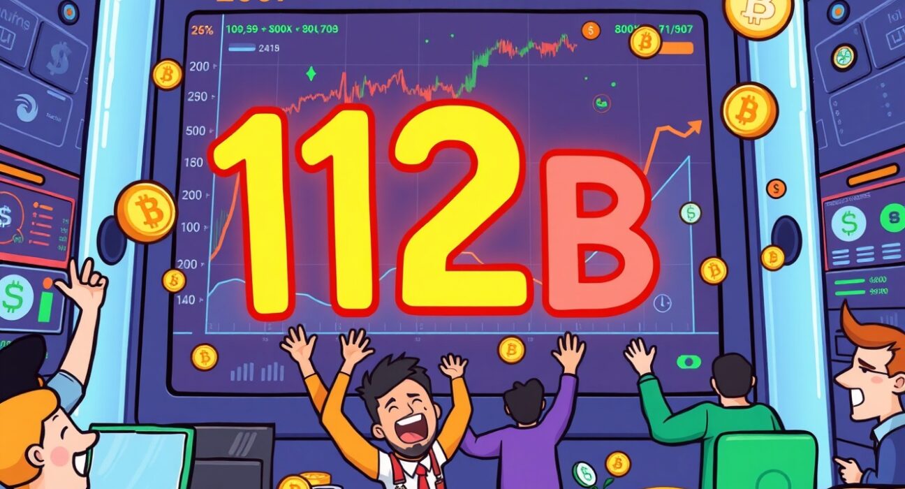 A cartoon illustration showing massive Momentum trading volume on a DEX, celebrating over $12 billion in cumulative transactions.
