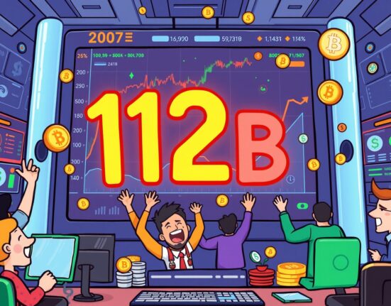 A cartoon illustration showing massive Momentum trading volume on a DEX, celebrating over $12 billion in cumulative transactions.