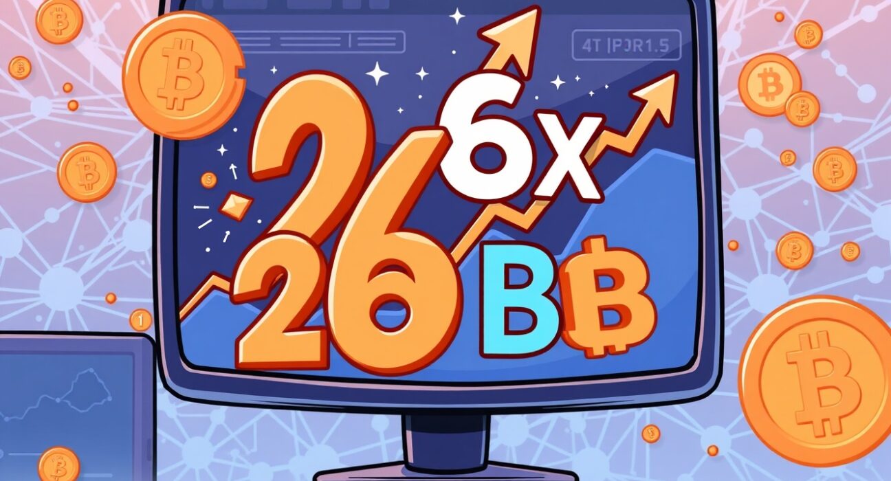 A cartoon showing a digital chart with an upward trend and a '$26 Billion' sign, representing the significant growth of Momentum trading volume on a Sui DEX.