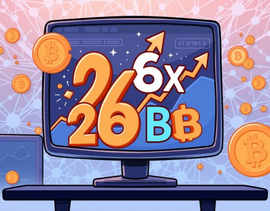 A cartoon showing a digital chart with an upward trend and a '$26 Billion' sign, representing the significant growth of Momentum trading volume on a Sui DEX.
