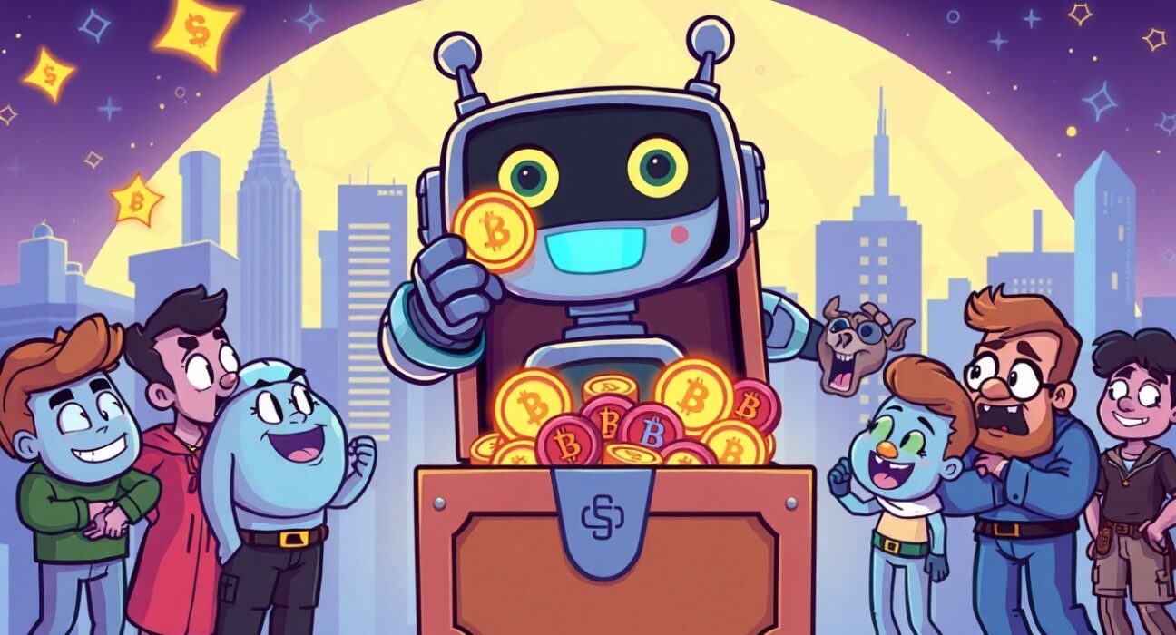 MON tokenomics illustrated through cartoon characters receiving digital tokens in blockchain environment